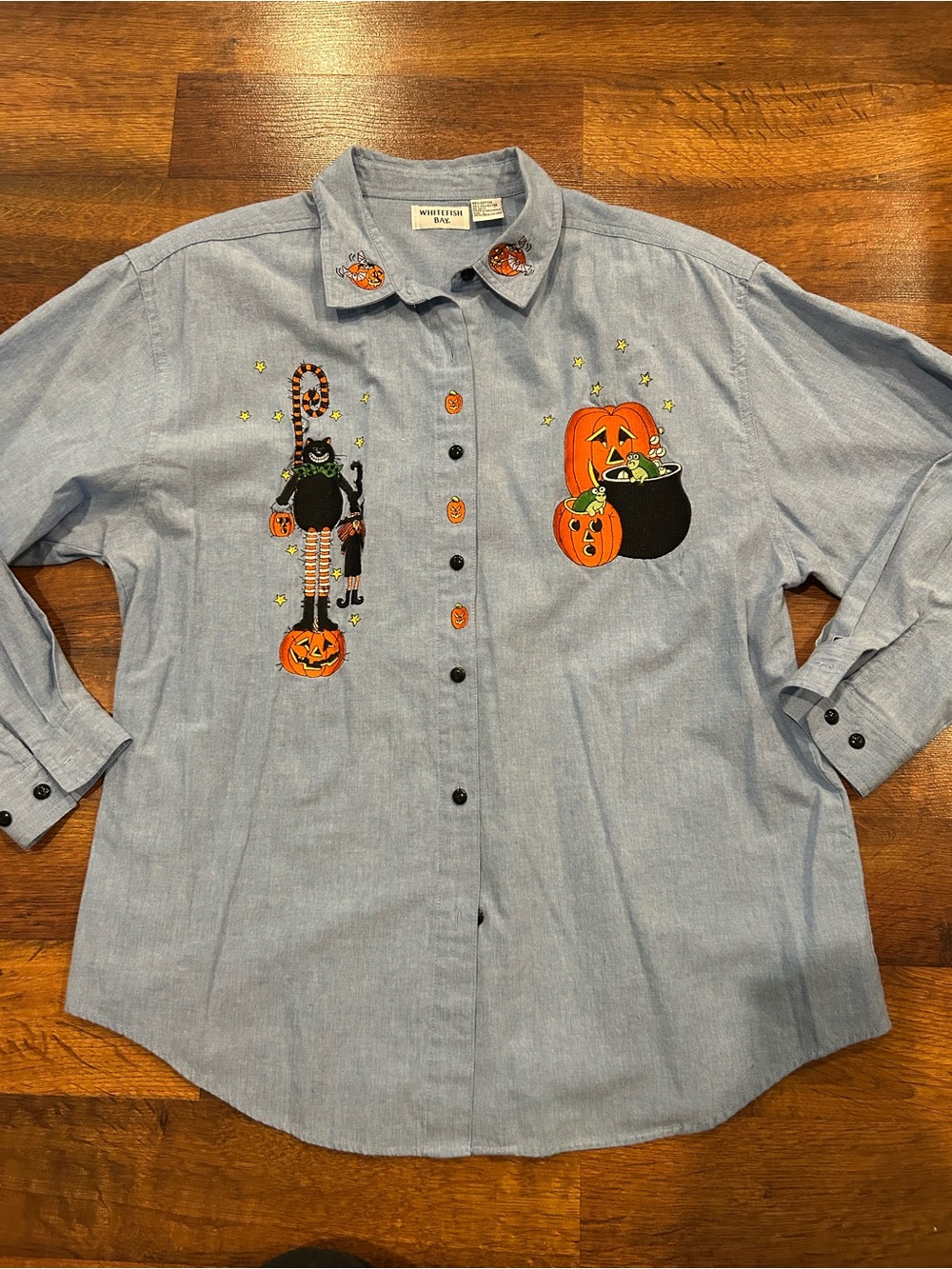 VTG Y2K Halloween Embroidered Chambray Shirt Whitefish Bay Pumpkin Kitty Large